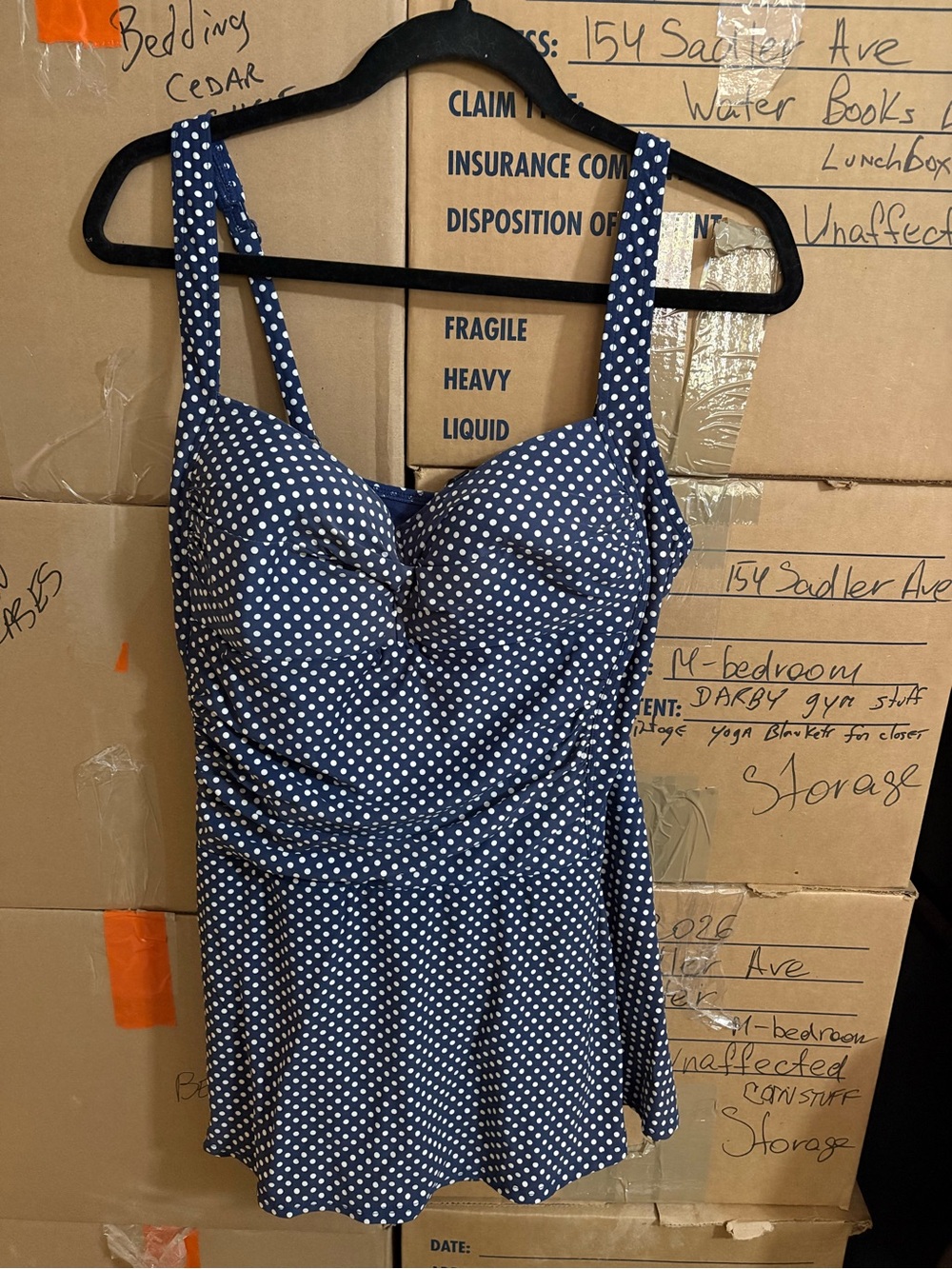 Womens Navy Polka Dot One-Piece Swimsuit with Skirt